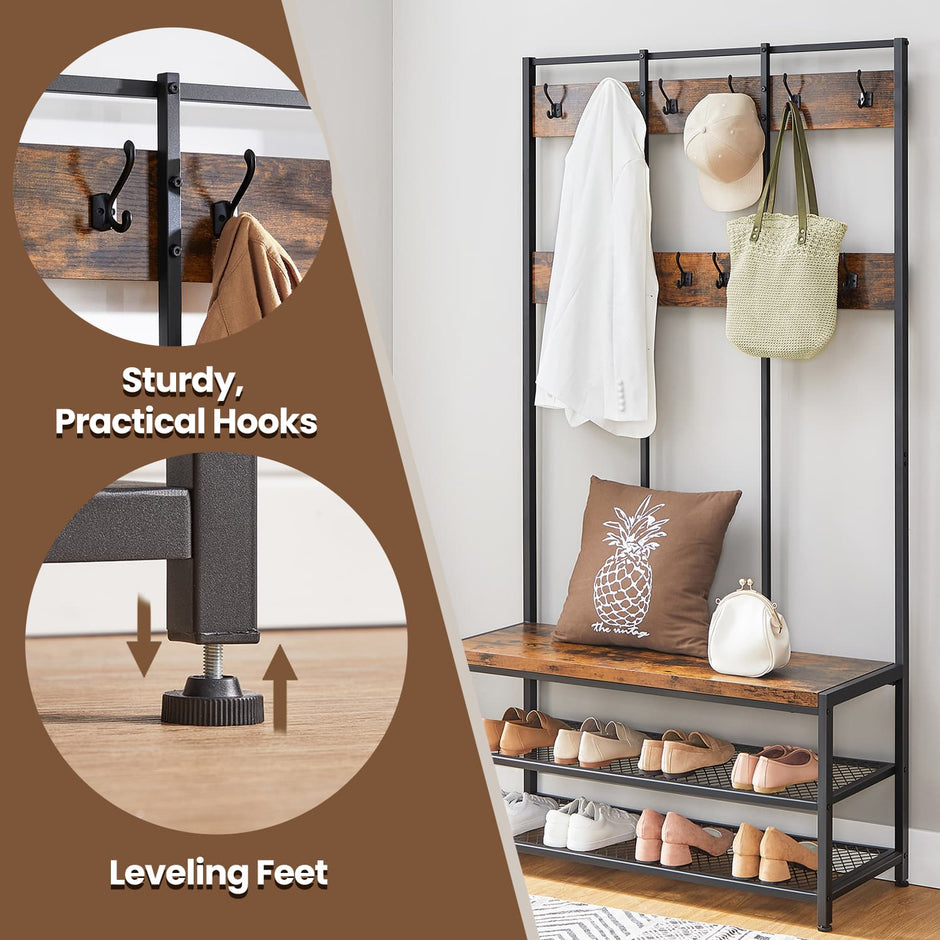Coat and Shoe Rack – Iron – Brown – Multifunctional Design with Bench and 12 Hooks
