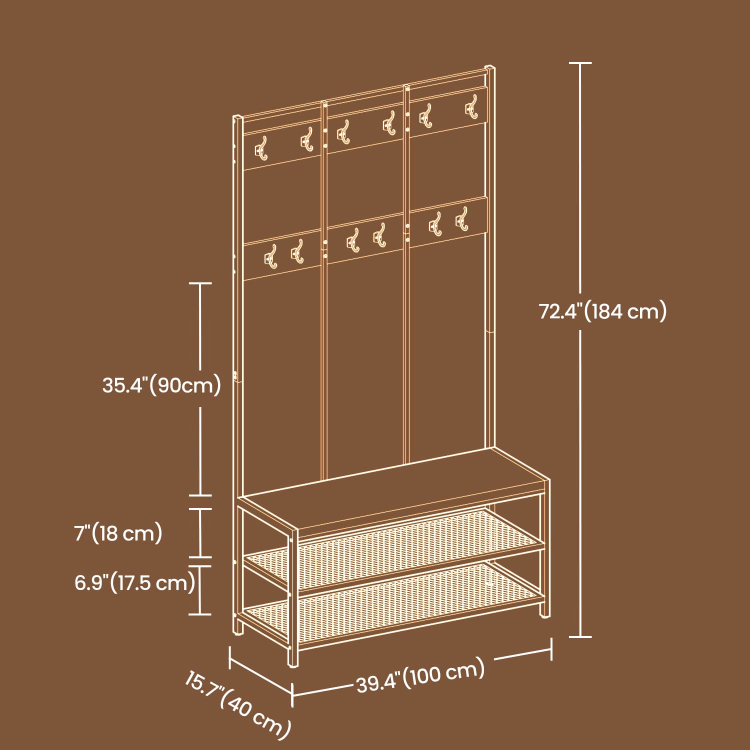 Coat and Shoe Rack – Iron – Brown – Multifunctional Design with Bench and 12 Hooks
