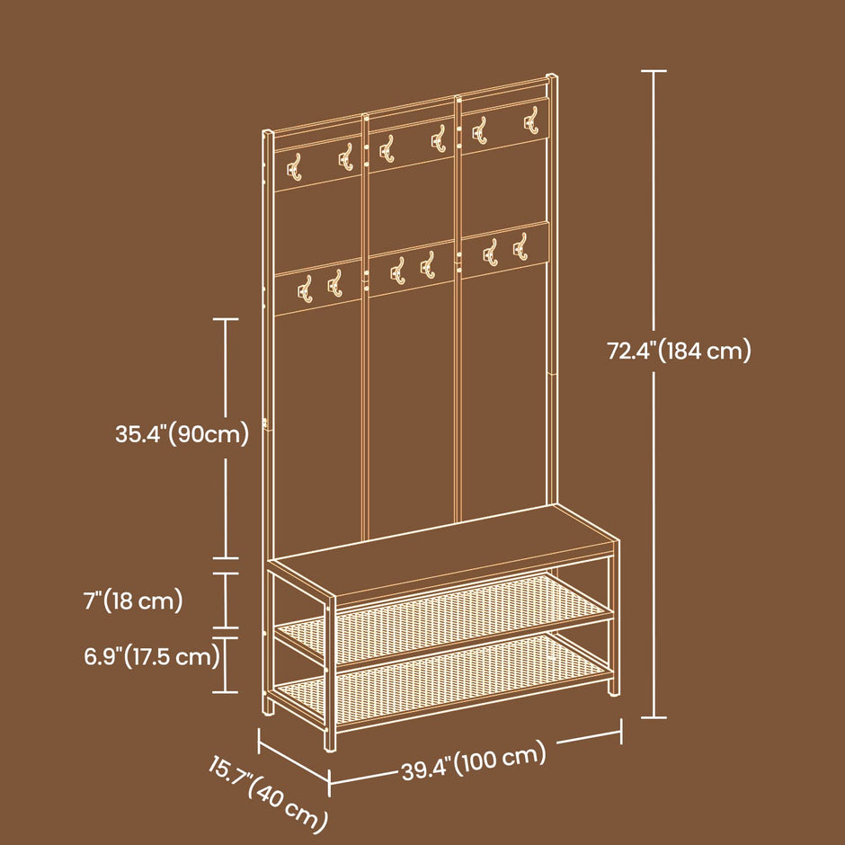 Coat and Shoe Rack – Iron – Brown – Multifunctional Design with Bench and 12 Hooks
