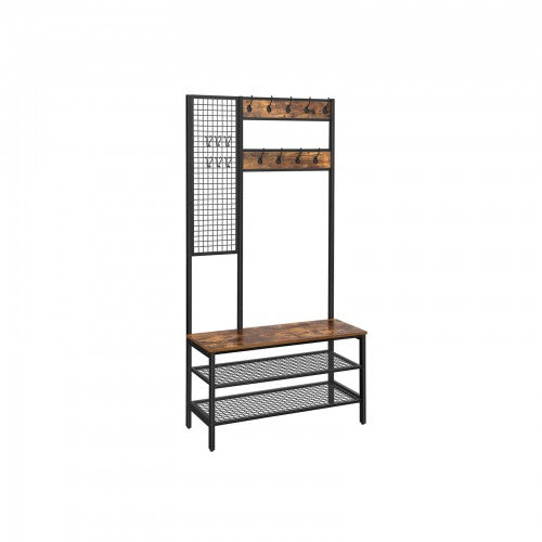 Coat Stand – Metal and Wood – Rustic Brown – Multi-Functional with Grid Wall and Mesh Shelves