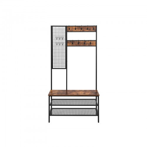Coat Stand – Metal and Wood – Rustic Brown – Multi-Functional with Grid Wall and Mesh Shelves
