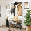 Coat Stand – Metal and Wood – Rustic Brown – Multi-Functional with Grid Wall and Mesh Shelves