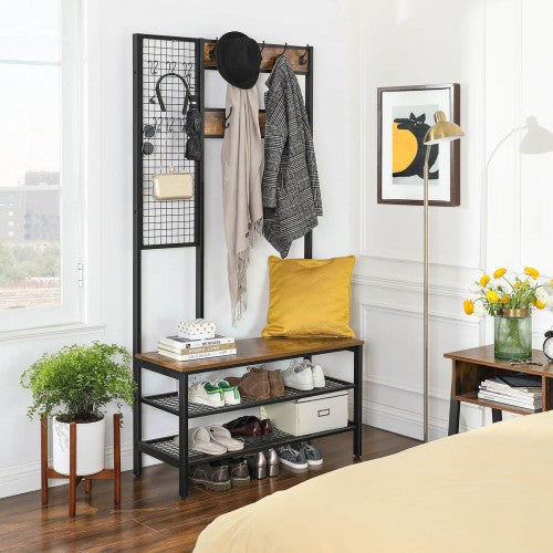 Coat Stand – Metal and Wood – Rustic Brown – Multi-Functional with Grid Wall and Mesh Shelves