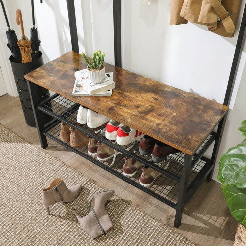 Coat Stand – Metal and Wood – Rustic Brown – Multi-Functional with Grid Wall and Mesh Shelves