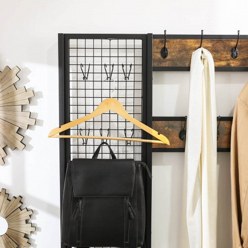 Coat Stand – Metal and Wood – Rustic Brown – Multi-Functional with Grid Wall and Mesh Shelves