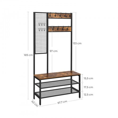 Coat Stand – Metal and Wood – Rustic Brown – Multi-Functional with Grid Wall and Mesh Shelves