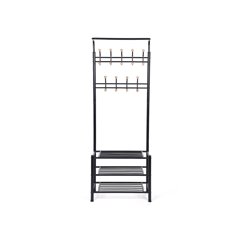 Hall Tree – Metal – Black – Multi-Purpose Entryway Organizer with Coat Stand and Shoe Rack