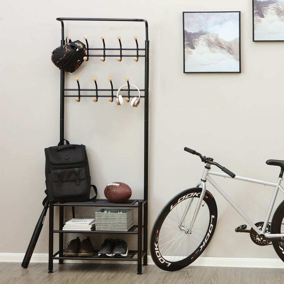 Hall Tree – Metal – Black – Multi-Purpose Entryway Organizer with Coat Stand and Shoe Rack