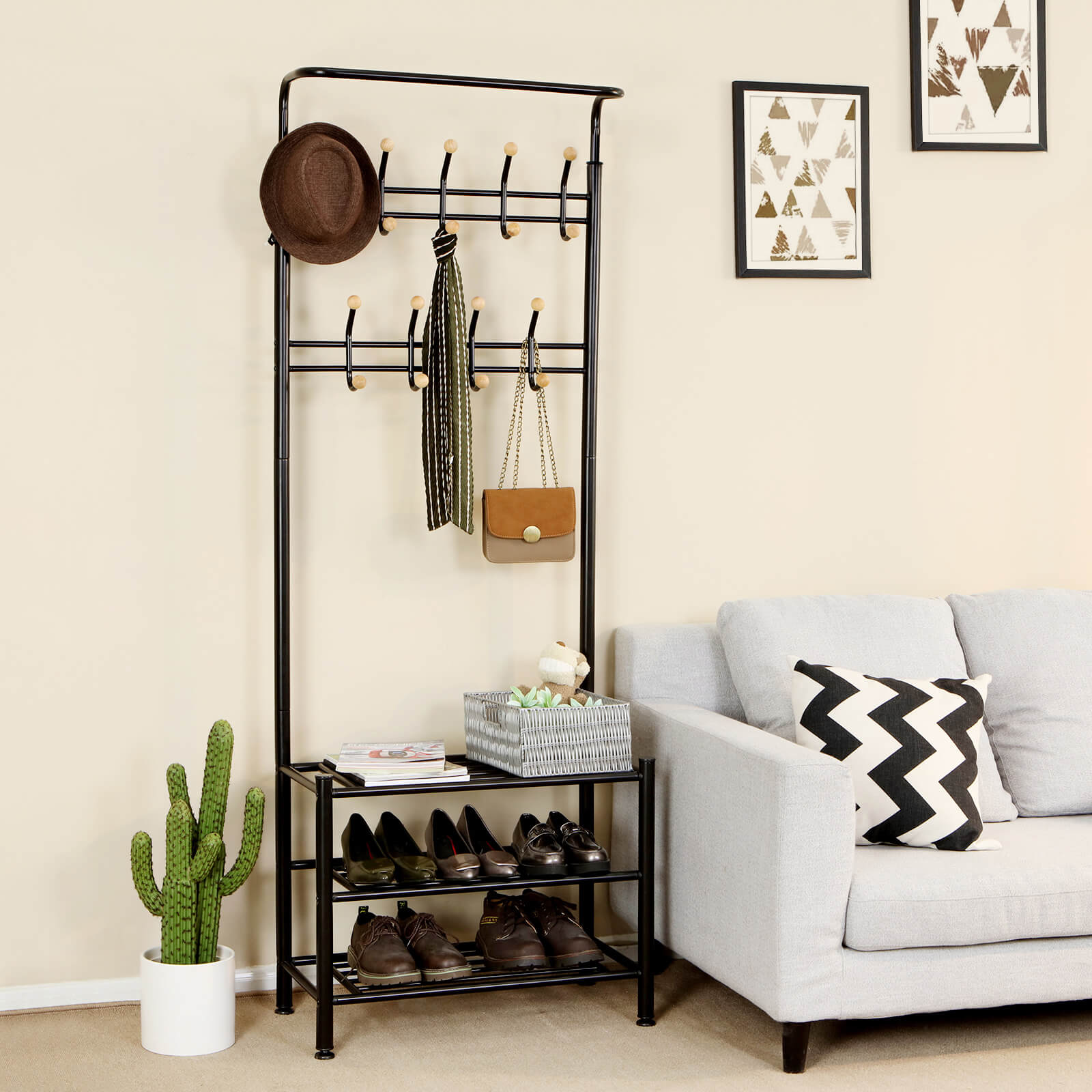 Hall Tree – Metal – Black – Multi-Purpose Entryway Organizer with Coat Stand and Shoe Rack