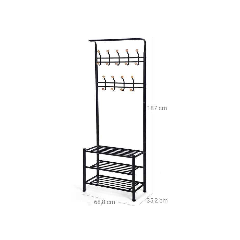 Hall Tree – Metal – Black – Multi-Purpose Entryway Organizer with Coat Stand and Shoe Rack