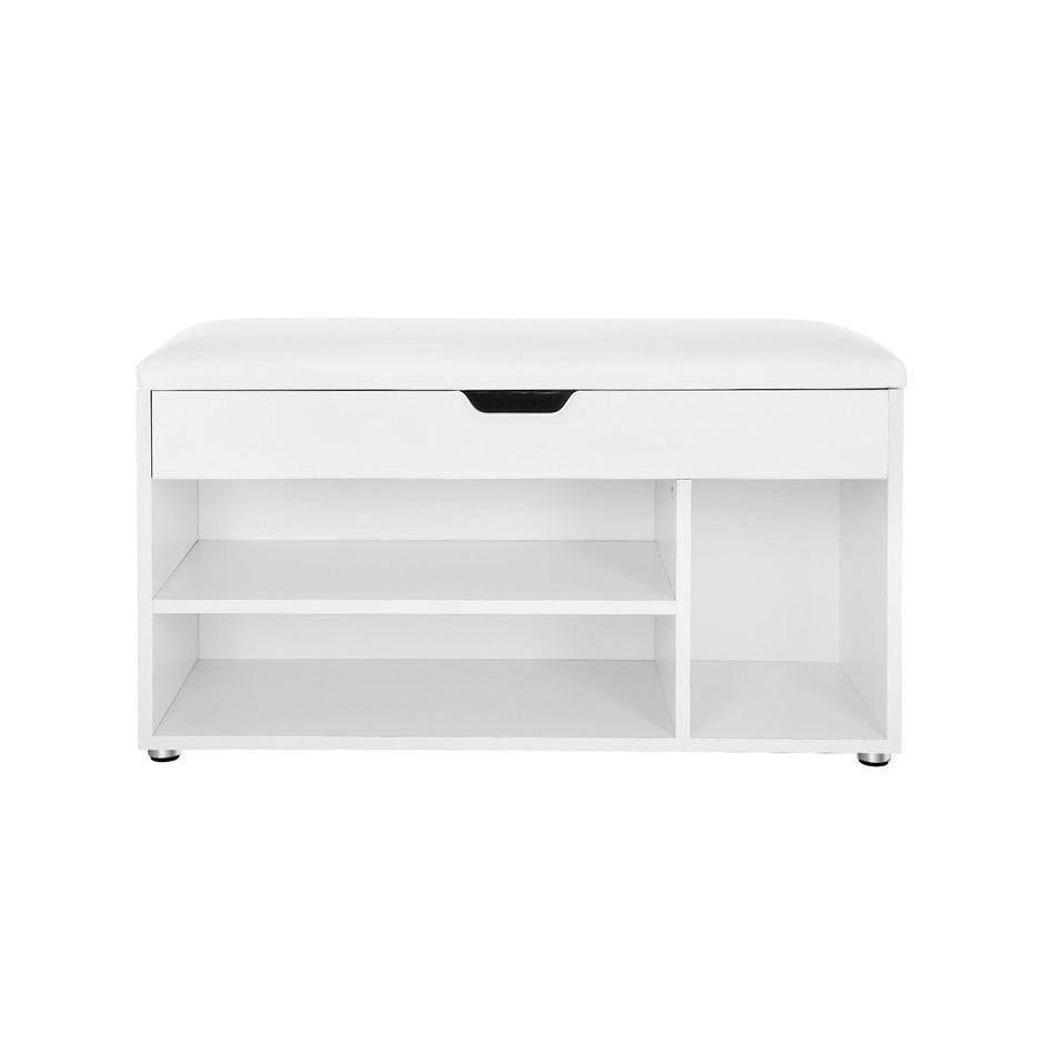 Hallway Cabinet Shoe Bench – Wood – White – Storage with Shelves and Hidden Chest