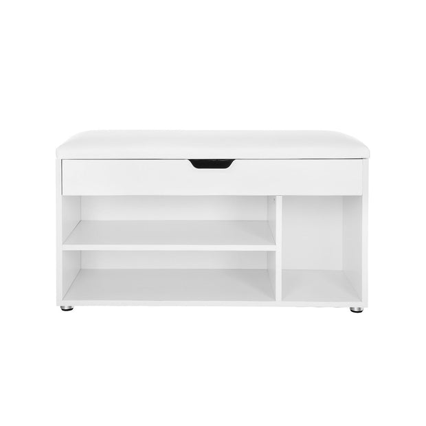 Hallway Cabinet Shoe Bench – Wood – White – Storage with Shelves and Hidden Chest