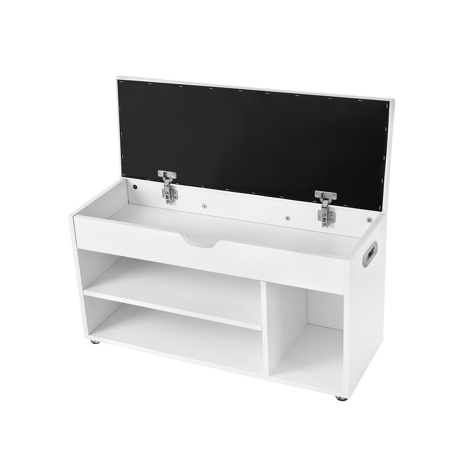 Hallway Cabinet Shoe Bench – Wood – White – Storage with Shelves and Hidden Chest