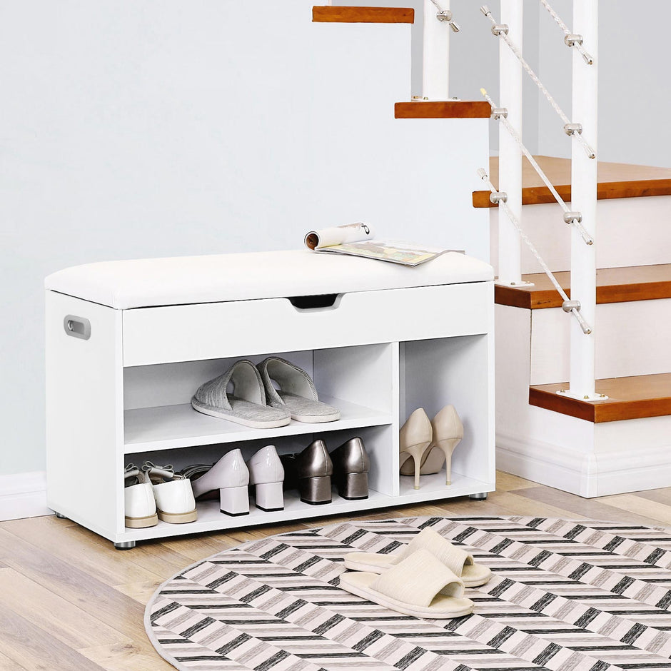 Hallway Cabinet Shoe Bench – Wood – White – Storage with Shelves and Hidden Chest