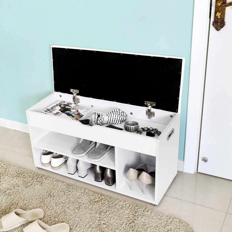 Hallway Cabinet Shoe Bench – Wood – White – Storage with Shelves and Hidden Chest