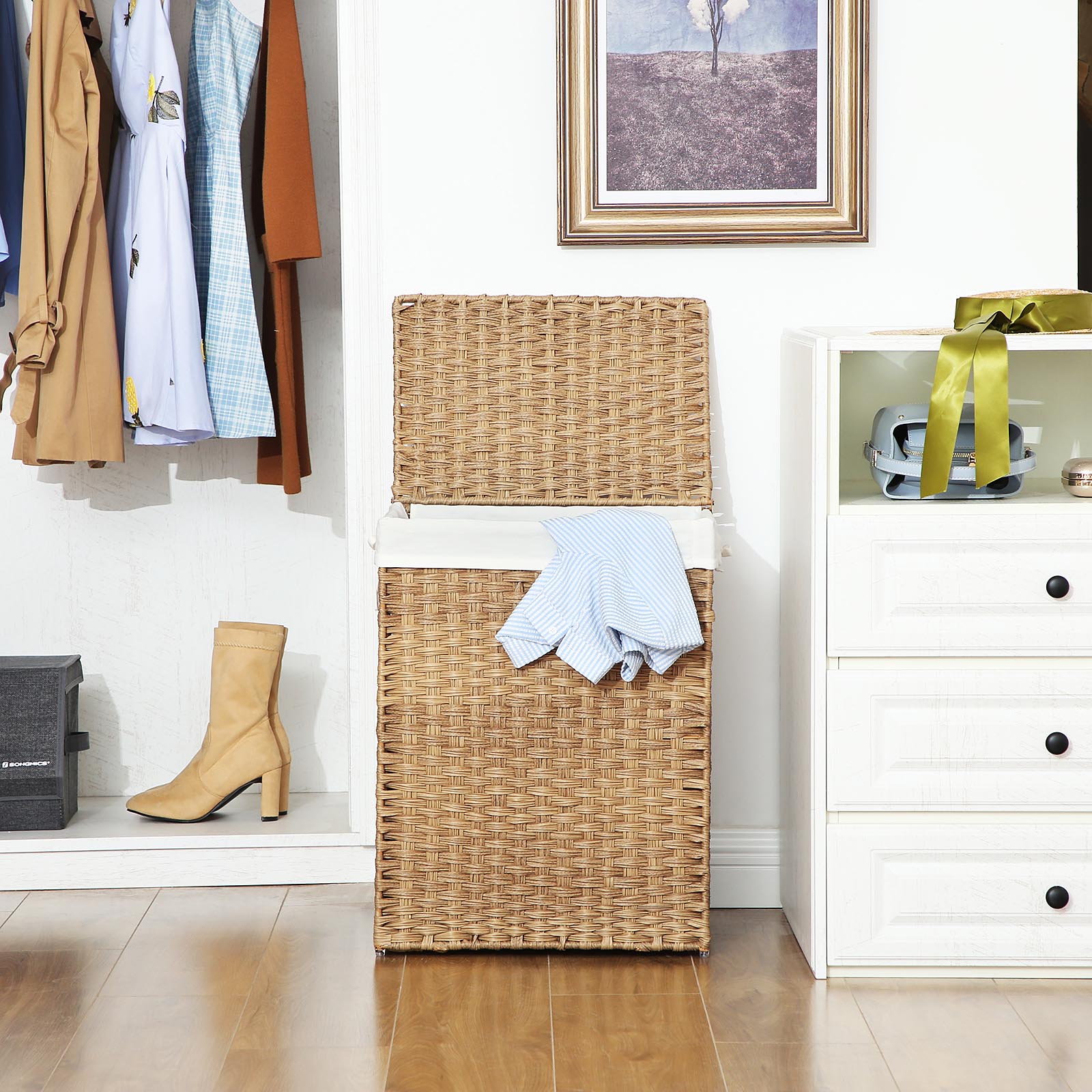 Handwoven Laundry Basket – Synthetic Rattan Wicker – Natural – 90L Capacity with Lid and Foldable Design