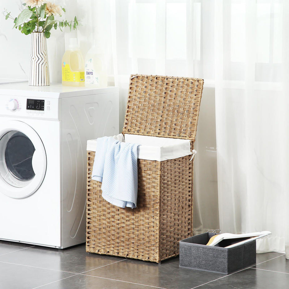 Handwoven Laundry Basket – Synthetic Rattan Wicker – Natural – 90L Capacity with Lid and Foldable Design