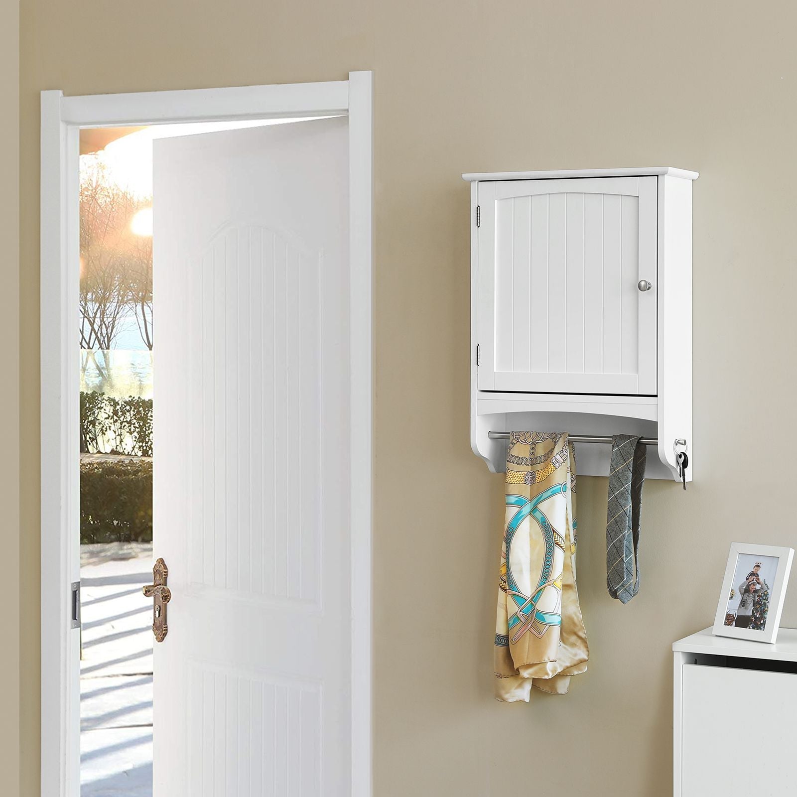 Wooden Wall Storage Cabinet – White – Adjustable Shelf with Towel Rod