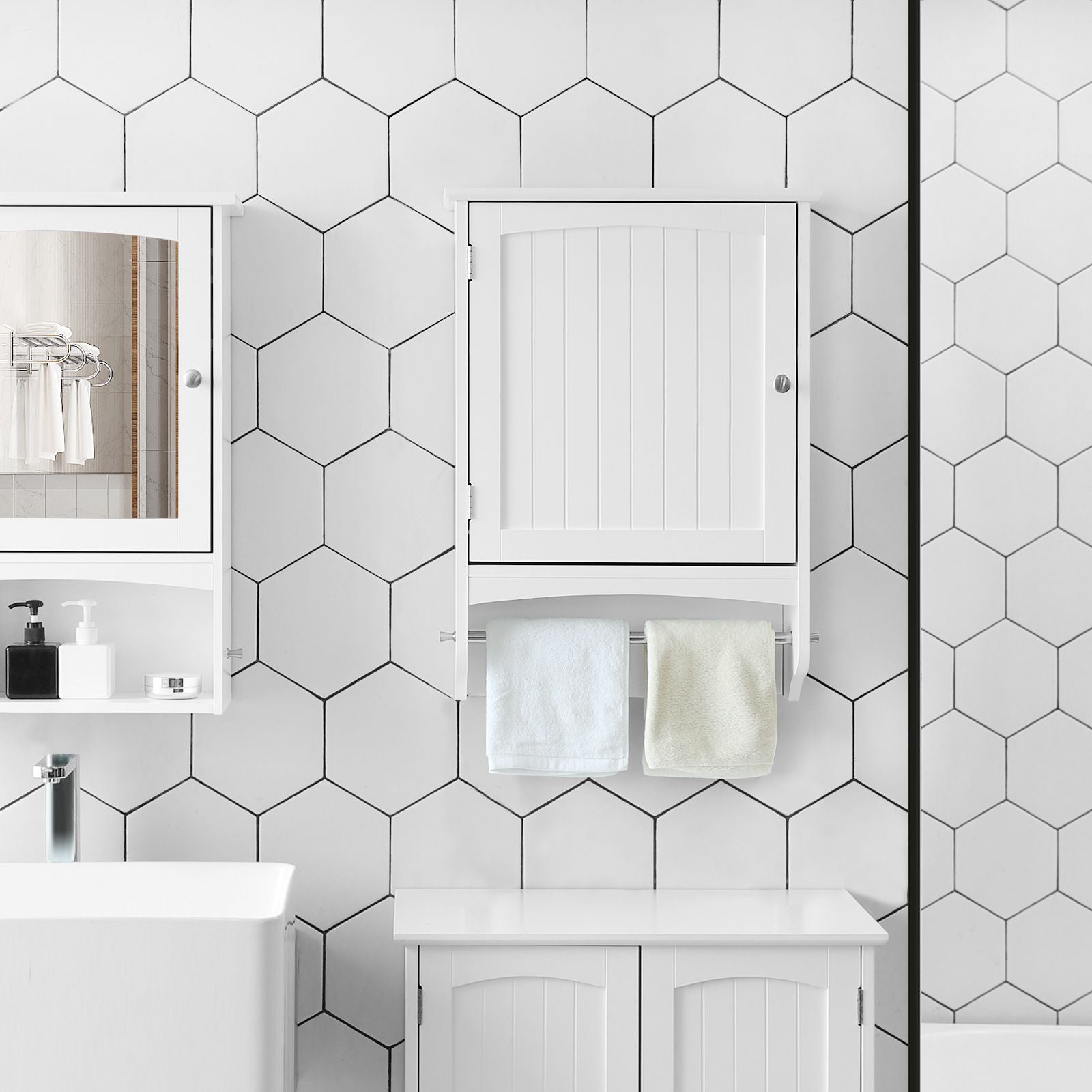 Wooden Wall Storage Cabinet – White – Adjustable Shelf with Towel Rod