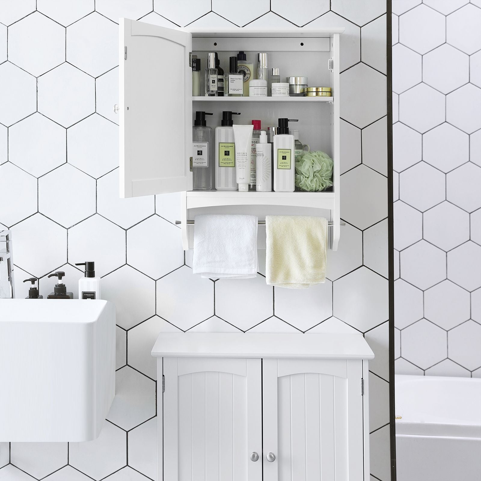 Wooden Wall Storage Cabinet – White – Adjustable Shelf with Towel Rod