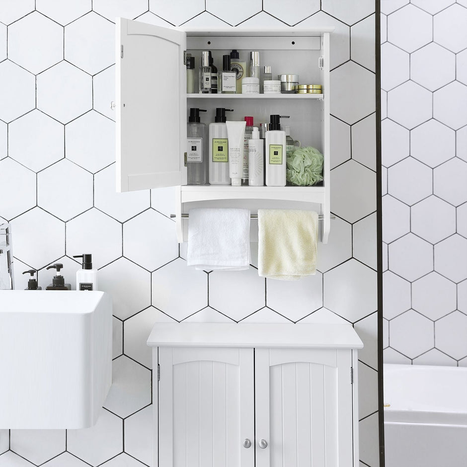 Wooden Wall Storage Cabinet – White – Adjustable Shelf with Towel Rod