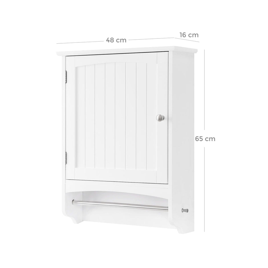 Wooden Wall Storage Cabinet – White – Adjustable Shelf with Towel Rod