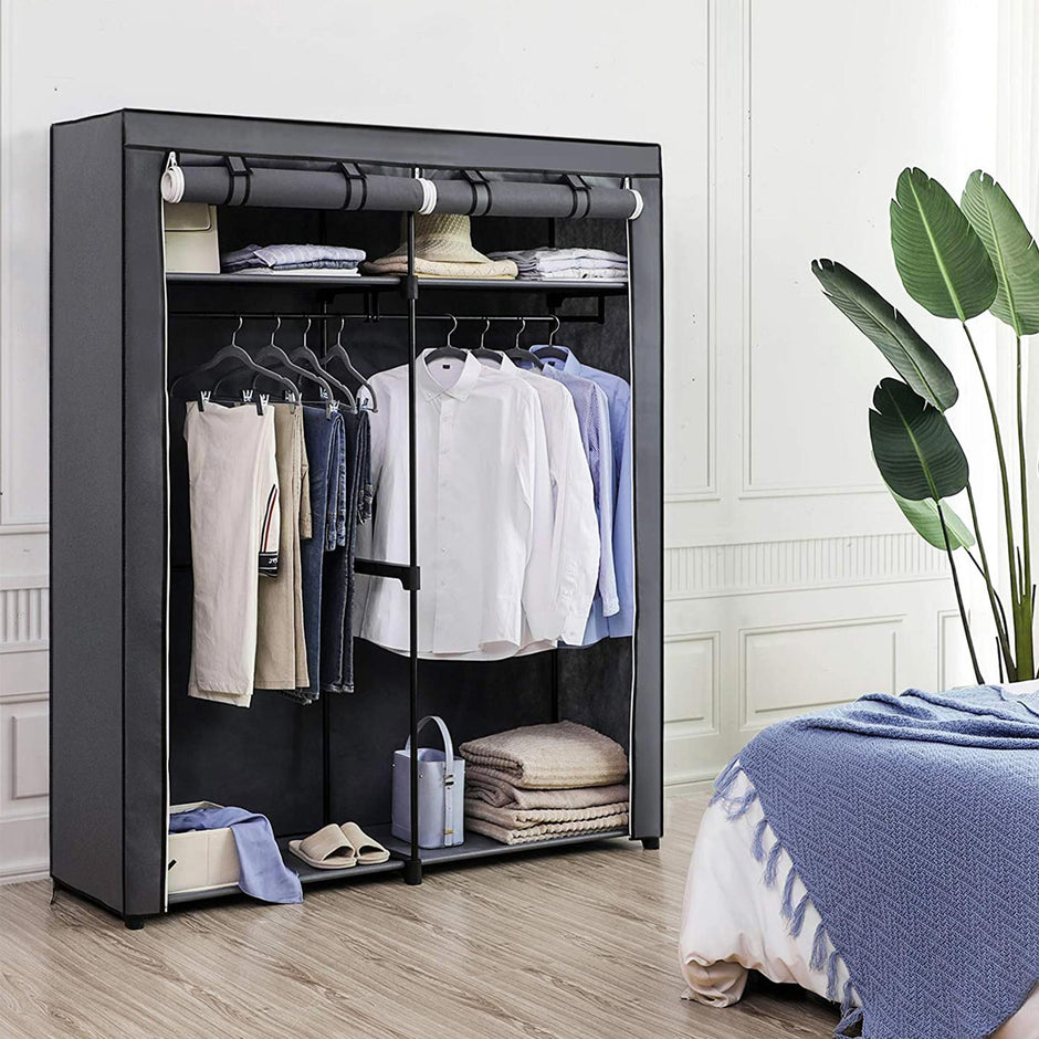 Portable Wardrobe – Fabric – Grey – Foldable with Hanging Rods