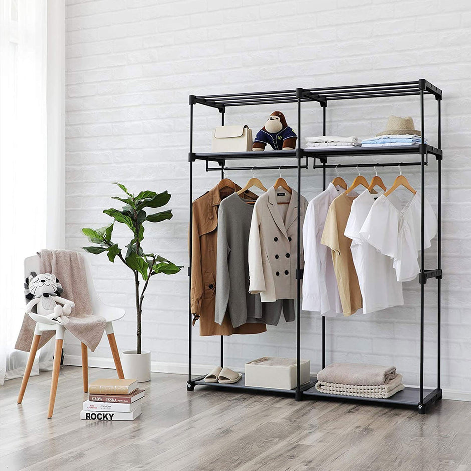 Portable Wardrobe – Fabric – Grey – Foldable with Hanging Rods