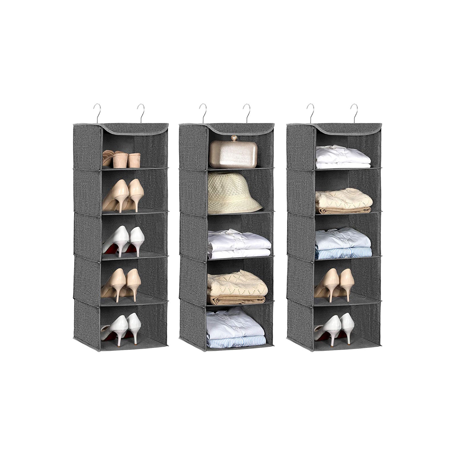 Hanging Storage Shelves – Fabric – Grey – 6-Tier Wardrobe Closet Organizer with Clips