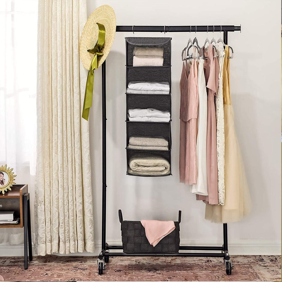 Hanging Storage Shelves – Fabric – Grey – 6-Tier Wardrobe Closet Organizer with Clips