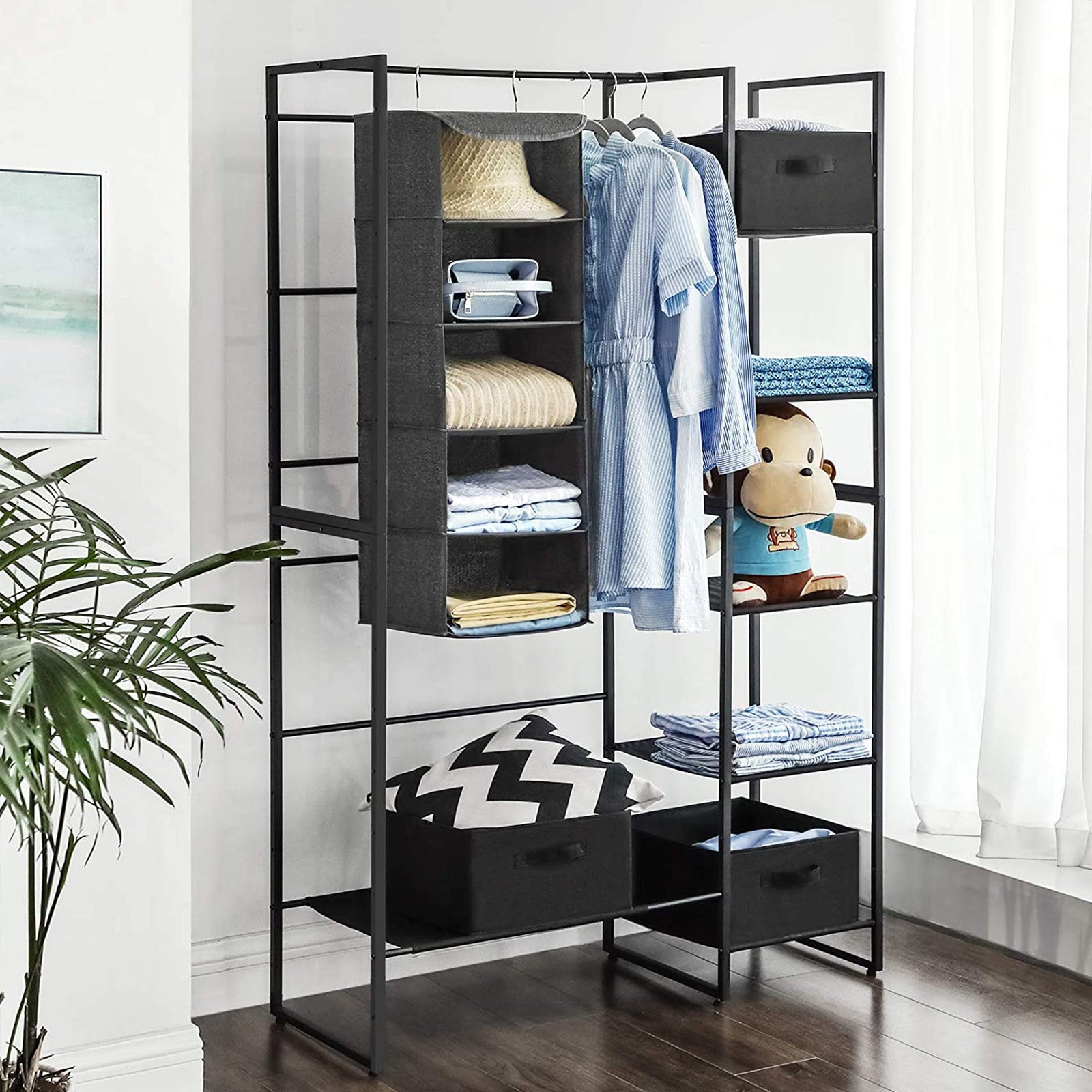 Hanging Storage Shelves – Fabric – Grey – 6-Tier Wardrobe Closet Organizer with Clips