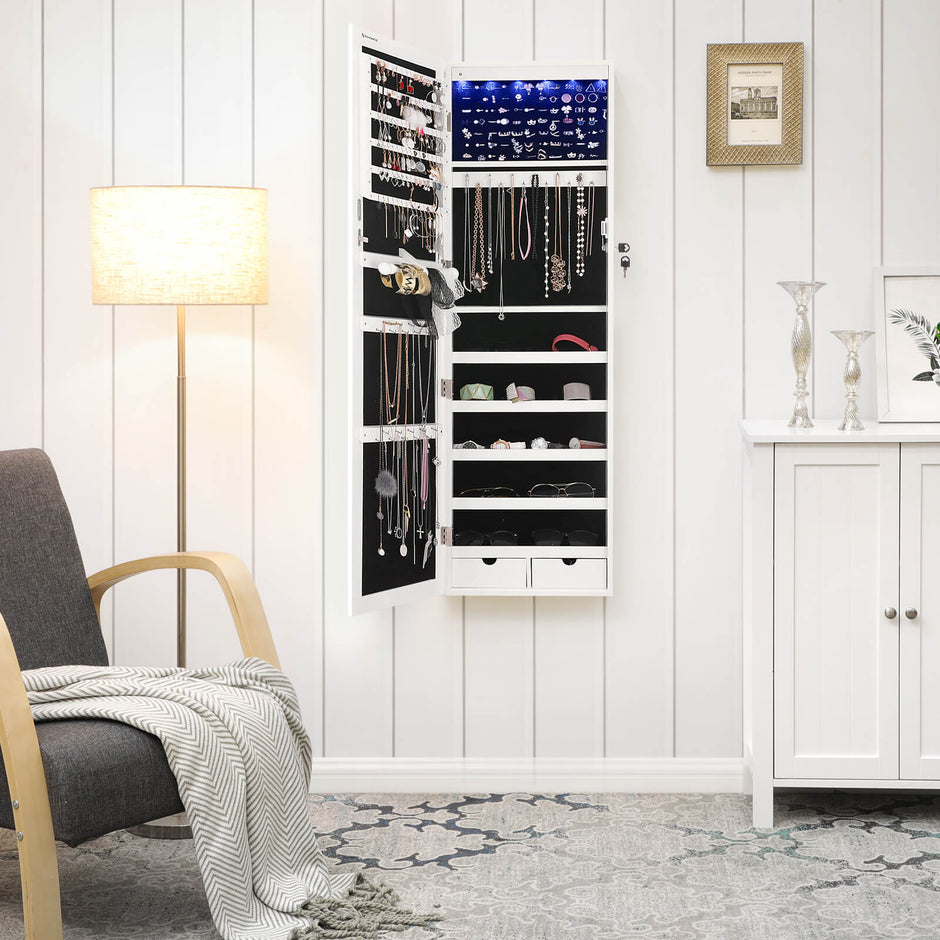 Hanging Jewellery Cabinet – Wood – White – Lockable with LED Light and Drawers
