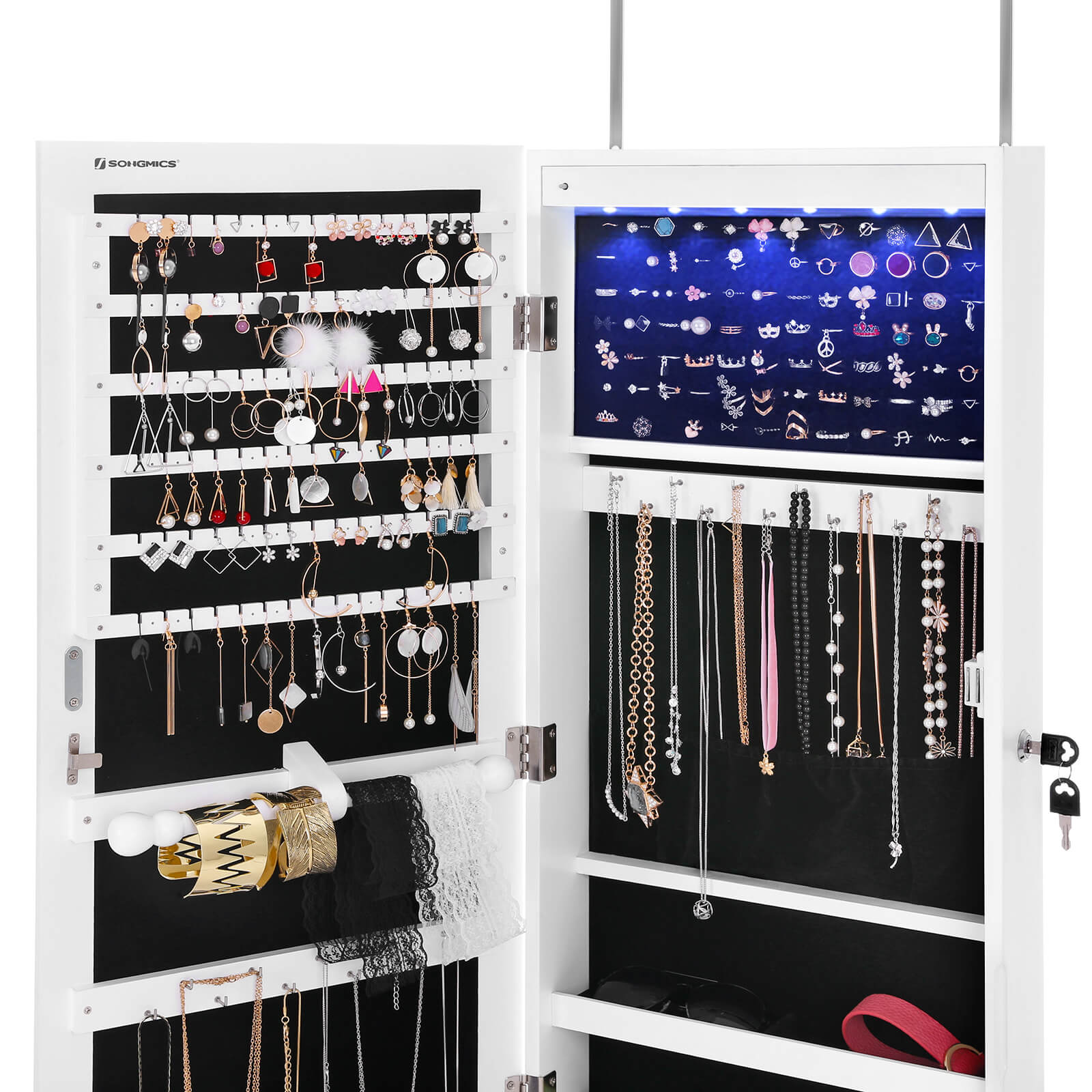 Hanging Jewellery Cabinet – Wood – White – Lockable with LED Light and Drawers
