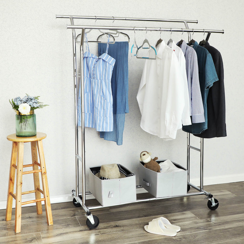 Heavy Duty Garment Rack – Metal – Chrome – Adjustable with Double Hanging Rails, 110 kg Load Capacity