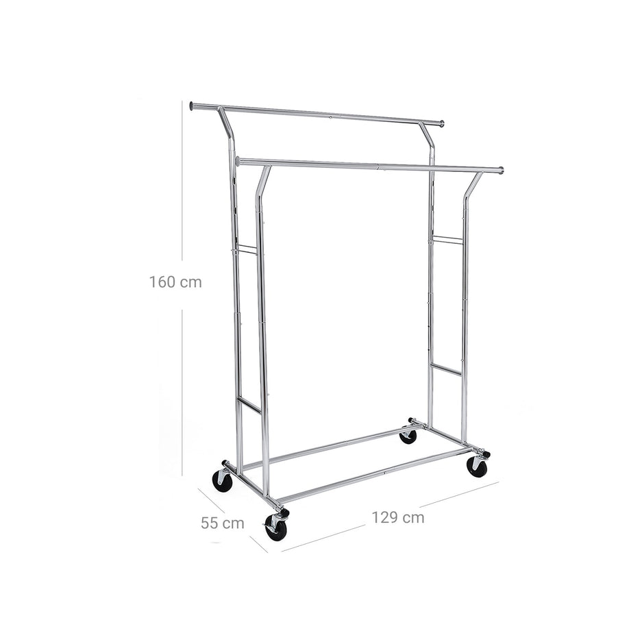 Heavy Duty Garment Rack – Metal – Chrome – Adjustable with Double Hanging Rails, 110 kg Load Capacity