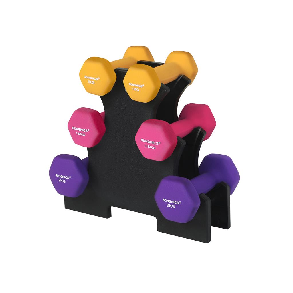 Hex Dumbbells Set – Neoprene – Yellow, Pink, and Purple – Includes Stand, 1 kg to 2 kg