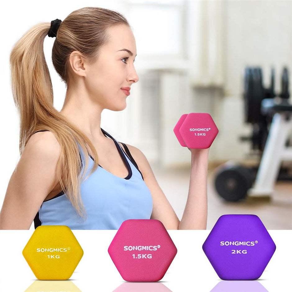 Hex Dumbbells Set – Neoprene – Yellow, Pink, and Purple – Includes Stand, 1 kg to 2 kg