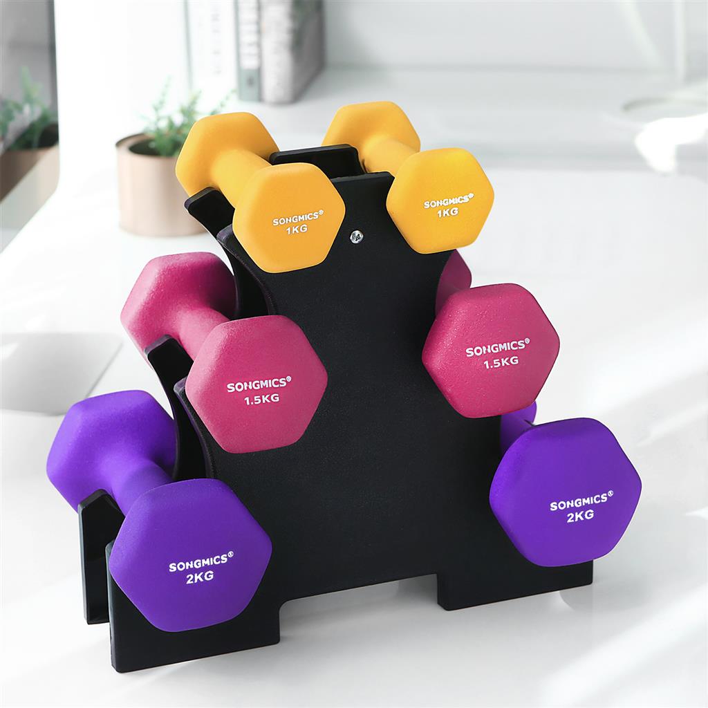 Hex Dumbbells Set – Neoprene – Yellow, Pink, and Purple – Includes Stand, 1 kg to 2 kg