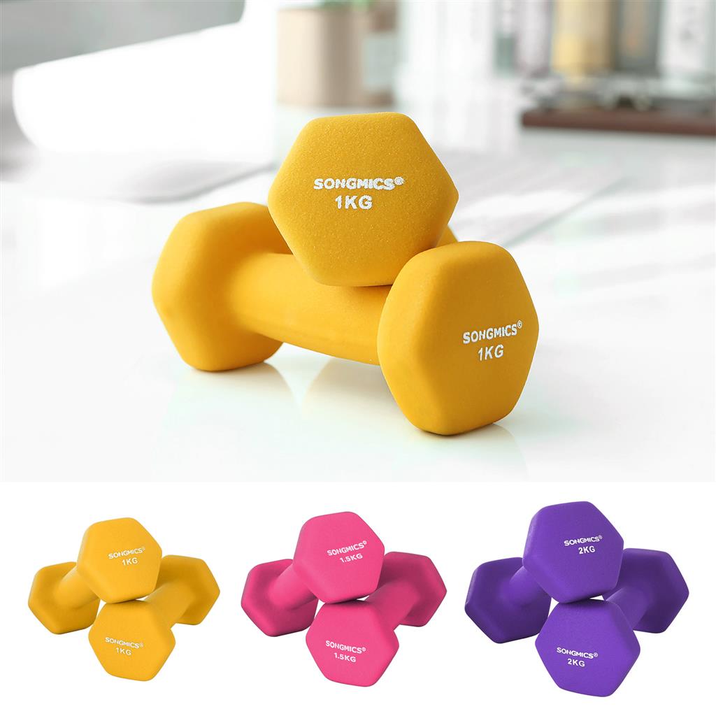 Hex Dumbbells Set – Neoprene – Yellow, Pink, and Purple – Includes Stand, 1 kg to 2 kg
