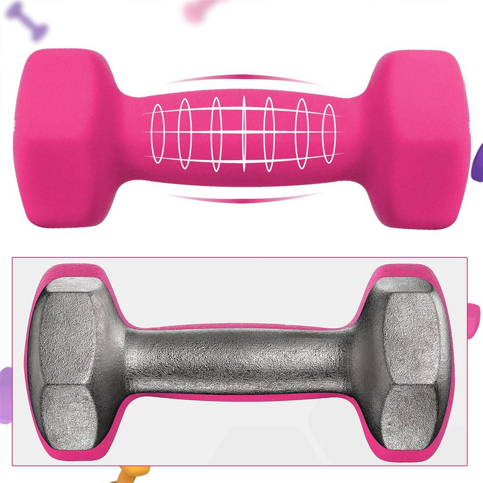 Hex Dumbbells Set – Neoprene – Yellow, Pink, and Purple – Includes Stand, 1 kg to 2 kg