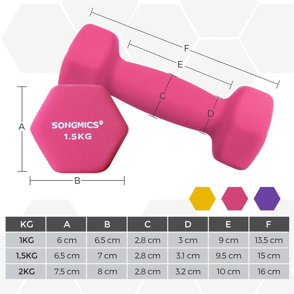Hex Dumbbells Set – Neoprene – Yellow, Pink, and Purple – Includes Stand, 1 kg to 2 kg