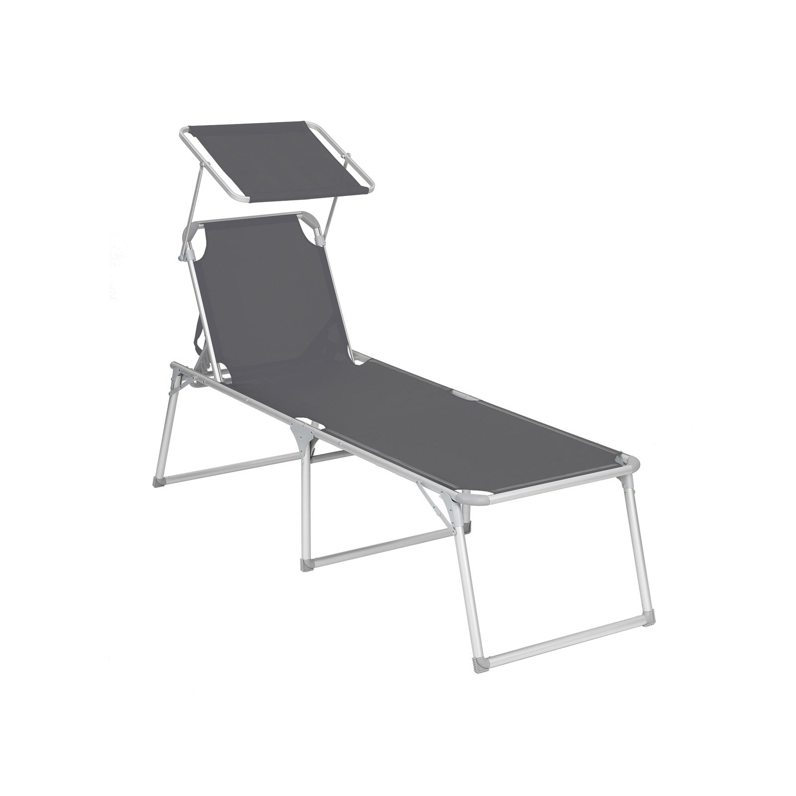 Folding Sun Lounger – Fabric – Grey – Adjustable Reclining Backrest with Sunshade