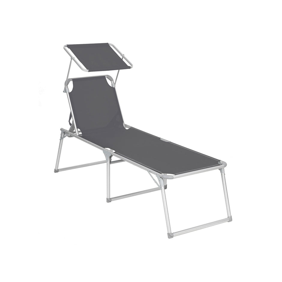 Folding Sun Lounger – Fabric – Grey – Adjustable Reclining Backrest with Sunshade