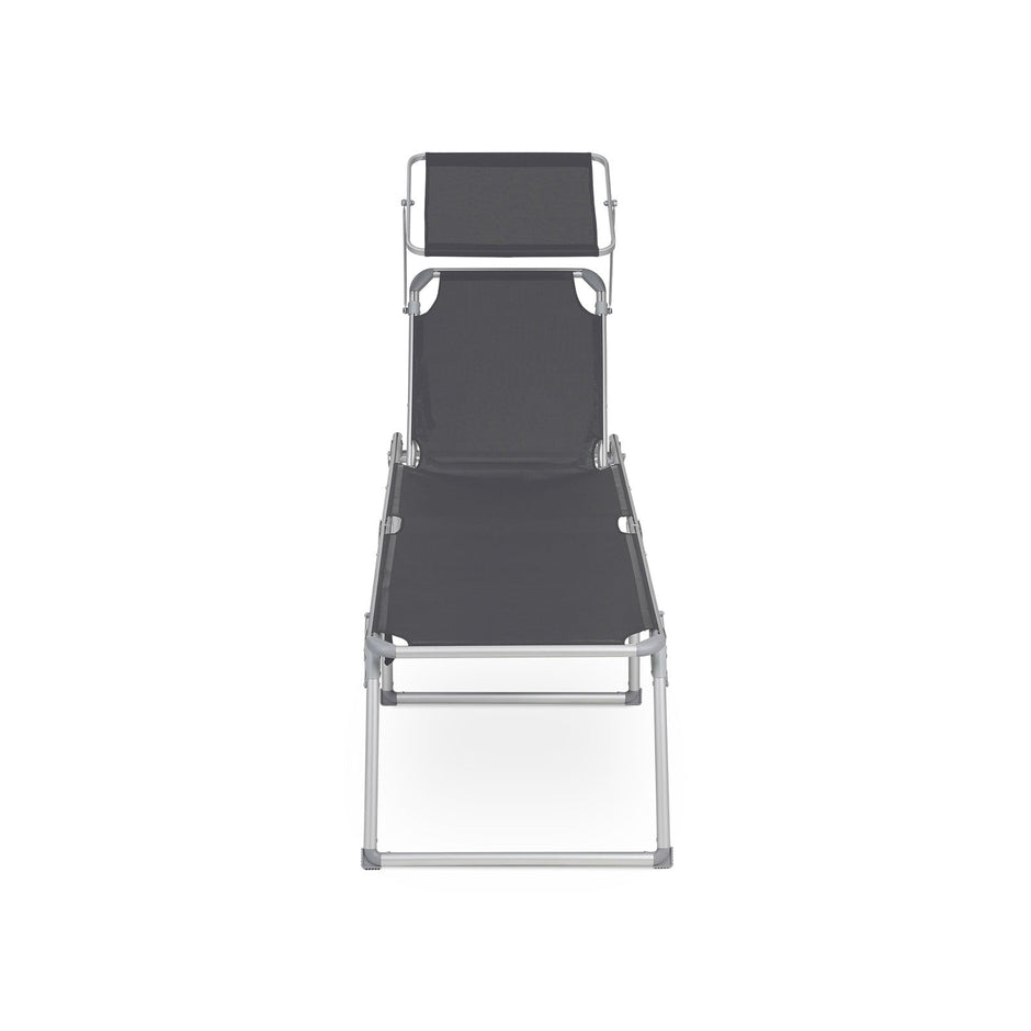 Folding Sun Lounger – Fabric – Grey – Adjustable Reclining Backrest with Sunshade