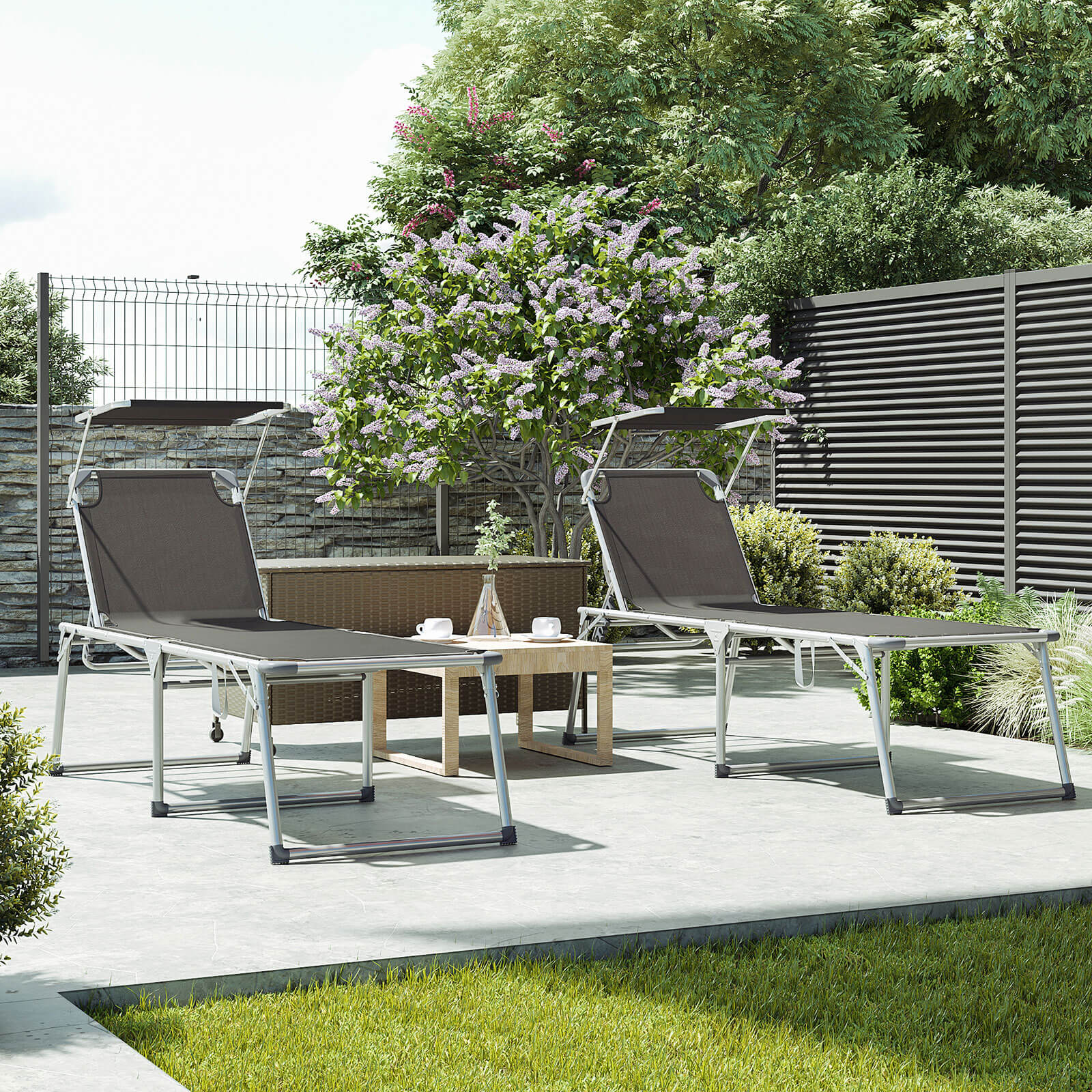 Folding Sun Lounger – Fabric – Grey – Adjustable Reclining Backrest with Sunshade