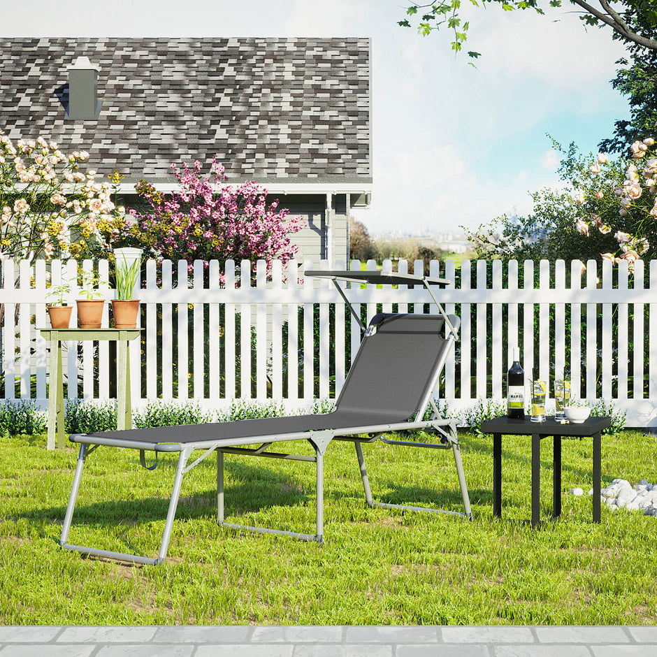 Folding Sun Lounger – Fabric – Grey – Adjustable Reclining Backrest with Sunshade