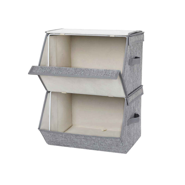 Storage Boxes – Fabric with Metal Frame – Gray – Stackable with Magnetic Hinged Lid and Side Handles