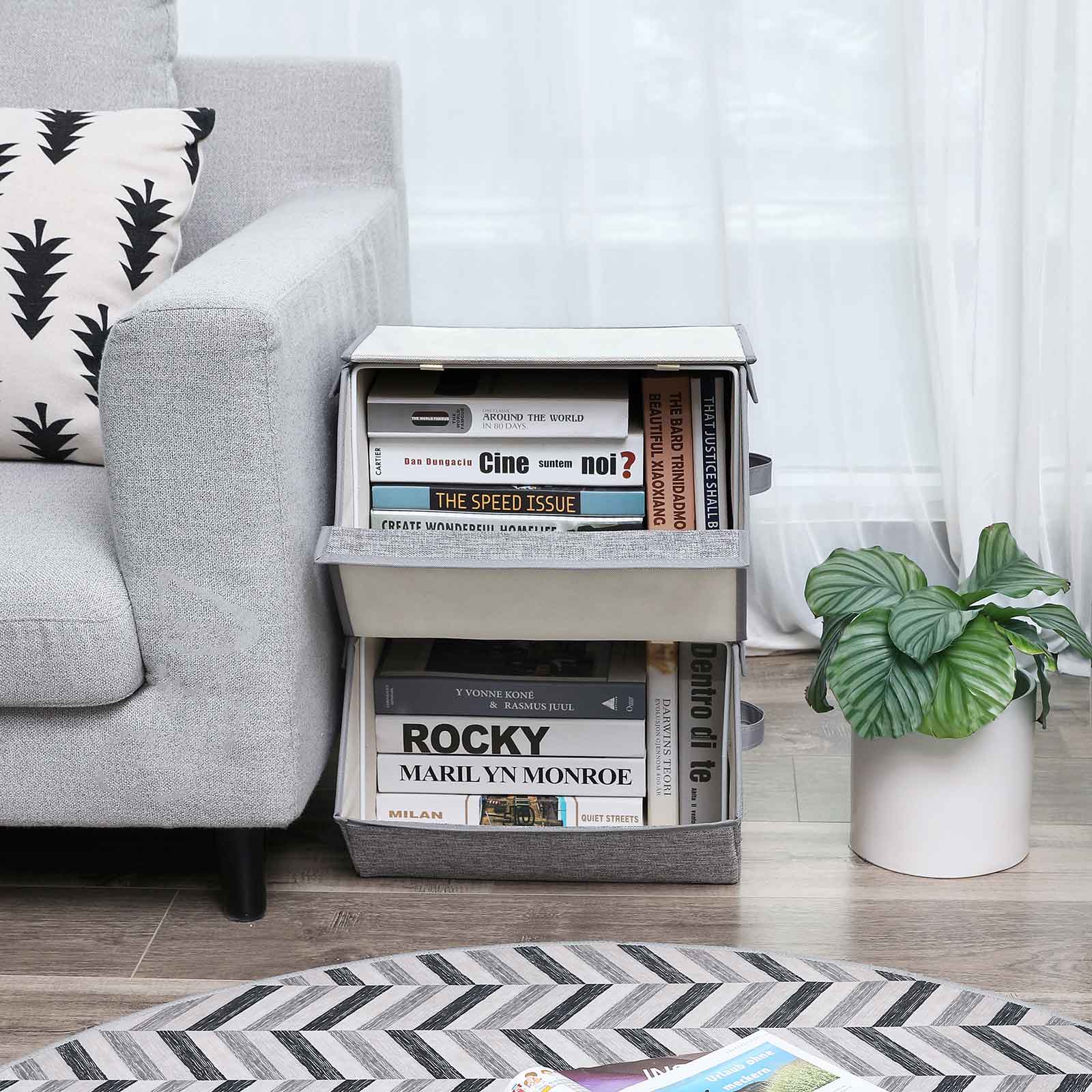 Storage Boxes – Fabric with Metal Frame – Gray – Stackable with Magnetic Hinged Lid and Side Handles