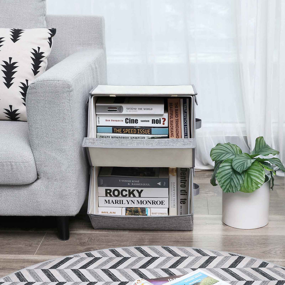 Storage Boxes – Fabric with Metal Frame – Gray – Stackable with Magnetic Hinged Lid and Side Handles