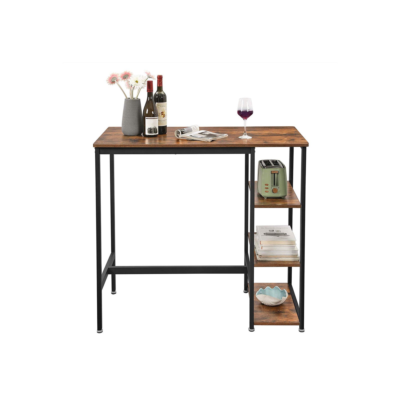 Industrial Bar Table – Iron – Rustic Brown – Stable Structure with 3 Shelves